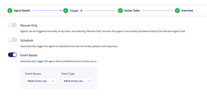 Settings for triggering agents, including manual, schedule, and event-based options.